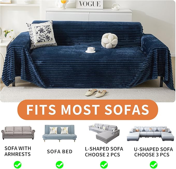 HAOMAIJIA Faux Fur Sofa Covers Couch Covers for 3 Cushion Couch Sofa Pet Friendly Soft Non Slip Couch Cover for Dogs Washable Sectional Couch Covers L Shape Furniture Protector (Navy Blue, 91"x150")