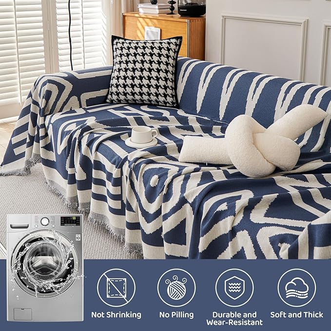 STACYPIK Thick Boho Couch Covers for Dog Cat, Modern Blue Triangle Sofa Cover for Living Room, Reversible Furniture Protector for 3 Cushion Couch, Anti Slip Jacquard Loveseat Covers for Sofa-71X118IN