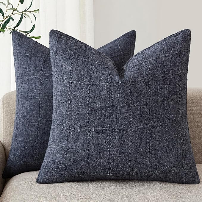 Foindtower Set of 2 Decorative Linen Check Throw Pillow Covers Neutral Farmhouse Vintage Cushion Covers Modern Boho Home Decor for Sofa Chair Couch Bedroom Living Room Outdoor,20×20 Inch,Navy Blue