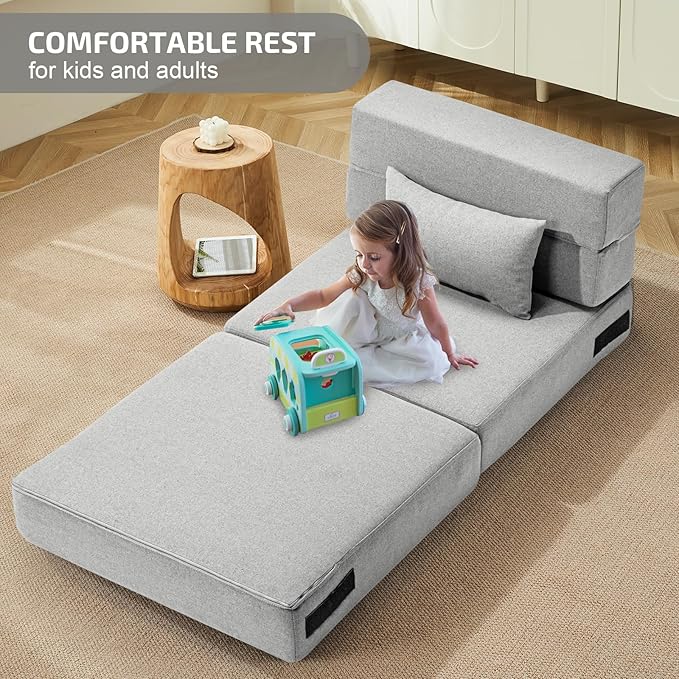 Folding Sofa Bed with Pillow- Convertible Chair Floor Couch & Sleeping Mattress, Foldable Memory Foam Sleeper for Living Room/Dorm/Guest Room/Home Office/Apartment/Loft, Single28, Light Gray