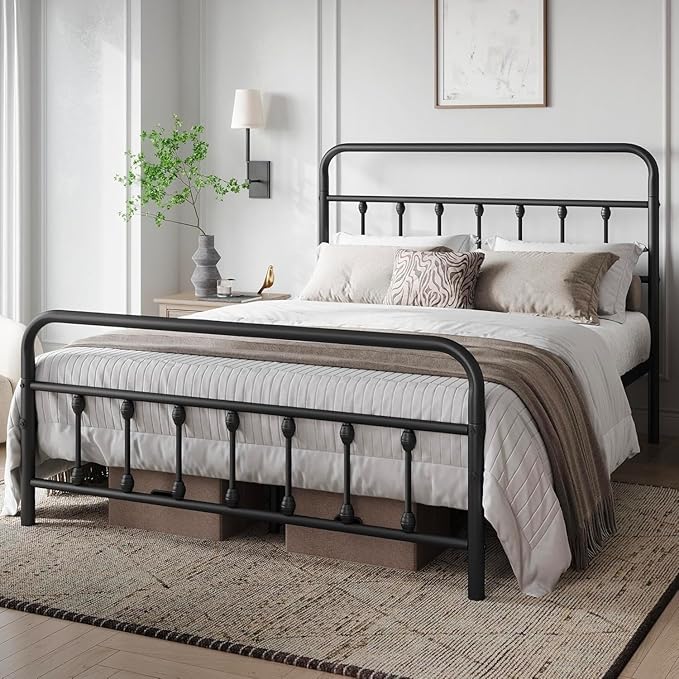Full Size Bed Frame-Classic Metal Platform Bed Frame Mattress Foundation with Victorian Style Iron-Art Headboard/Footboard/Under Bed Storage/No Box Spring Needed/Black