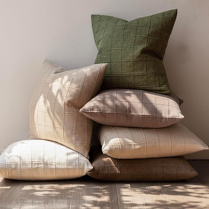 Foindtower Set of 2 Decorative Linen Check Throw Pillow Covers Neutral Long Body Lumbar Cushion Covers Farmhouse Vintage Boho Home Decor For Sofa Chair Couch Bedroom Living Room,14×36 Inch,Olive Green