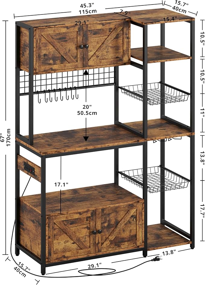 IRONCK Bakers Rack with 2 Storage Cabinets and Power Outlet, 45.3 Inch Industrial Coffee Bar Cabinet Shelves, Kitchen Microwave Stand with Storage, Vintage Brown