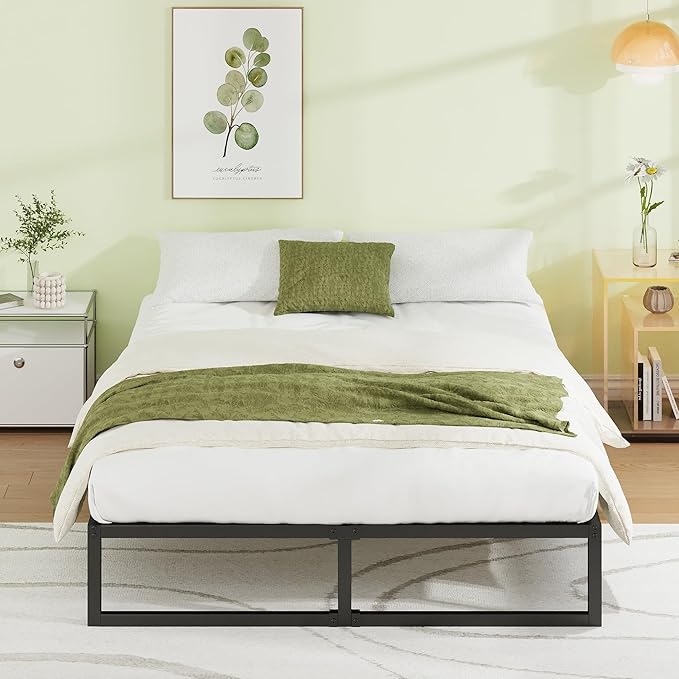 EMODA 12 Inch Queen Bed Frame No Box Spring Needed Heavy Duty Metal Platform BedFrame Queen Size with Steel Slats, Easy Assembly, Black