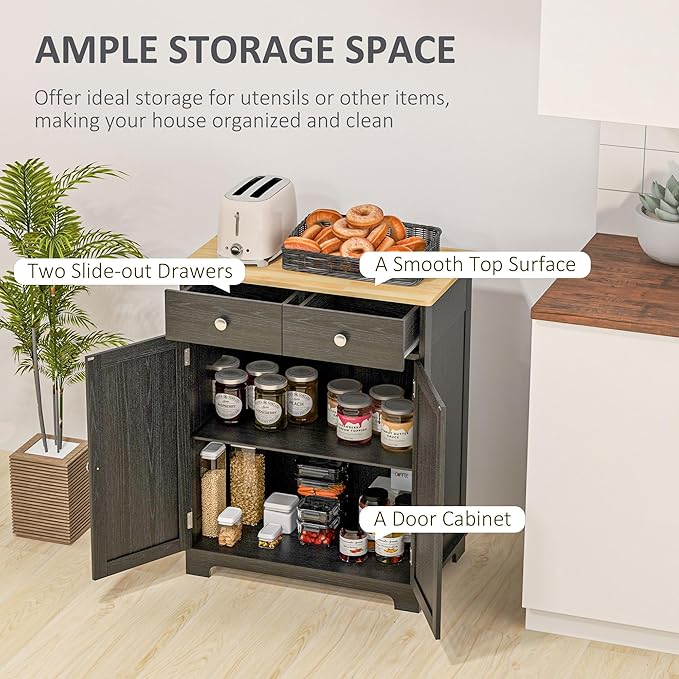 HOMCOM Sideboard with Solid Wood Countertop, Modern Kitchen Storage Cabinet, Coffee Bar Cabinet with 2 Drawers, Doors and Adjustable Shelf, Distressed Black