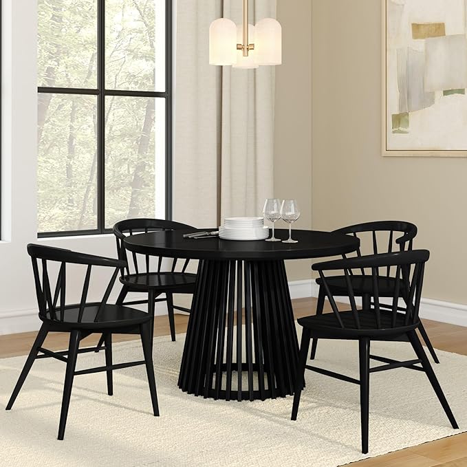 Plank+Beam Lido Round Dining Table, 47", Wooden, Pedestal, Minimalist Kitchen Table for 4 for Dining Room, Black