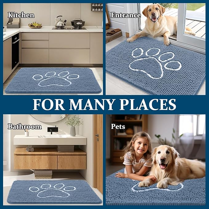 OLANLY Door Mat for Muddy Dog Paws 36x24, Absorbent Chenille Doormat with Paw Print Design, Non-Slip Washable Doormat for Indoor Entryway, Quick-Dry Pet Bed Mats for Dirty Dogs, Airy Blue and White