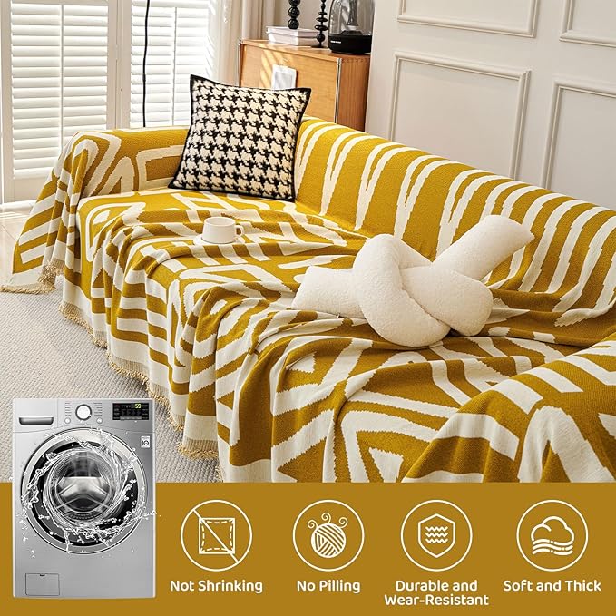 STACYPIK Mustard Yellow Boho Sofa Cover Couch Cover Reversible Jacquard Furniture Protector for 3 Cushion Couch L Shaped Sofa Slipcover Non-Silp Sofa Cushion Covers for Sectional with Tassels-91X118IN