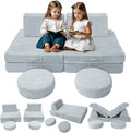 MeMoreCool Modular Kids Play Couch Sofa, Gray 8-Piece Fold-Out Convertible Toddler Couch with Rocket, Star, and Moon Patterns for Playroom