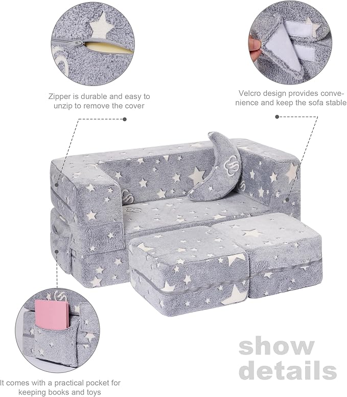 Modular Kids Sofa, Glow in The Dark Star Plush Couch, Convertible Kids Play Set, Fold Out Sofa Bed(Stars)