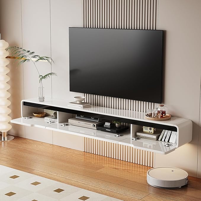 High Gloss Floating TV Stand with 3 Doors,70'' Wall Mounted TV Cabinet,Under TV Console,Floating Media Shelft for Bedroom Living Room(White)