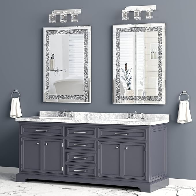 Crystal Decorative Mirror-36 x24 Gorgeous Silver Mirror, Crush Diamond Mirror for Wall Decoration Bedroom, Bathroom, Dining Room and Living Room