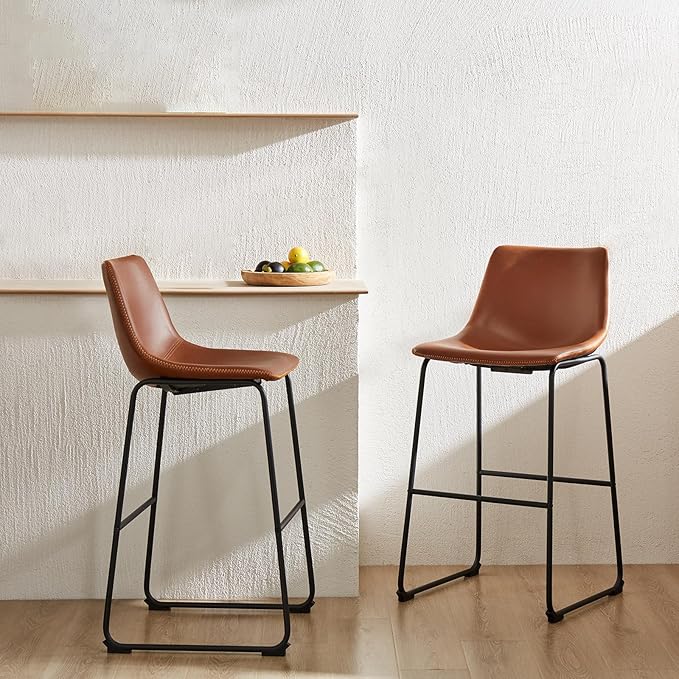 DUMOS 30 Inch Counter Height Bar Stools Set of 2, Modern Faux Leather High Barstools with Back and Metal Leg, Bar Chairs for Kitchen lsland, Elegant Brown