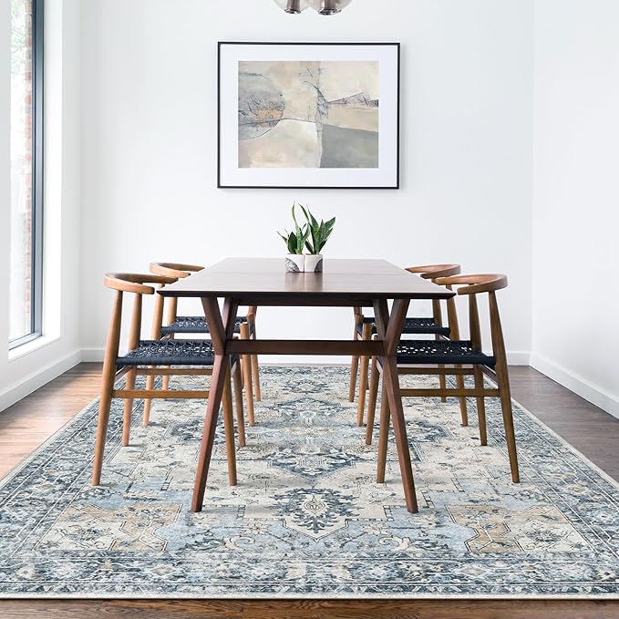 GENIMO 4x6 Area Rugs for Living Room, Machine Washable Rug, Non Slip Vintage Rugs, Low Pile Lightweight Chenille Print Rug for Bedroom, Dining Room, Home Office, Blue