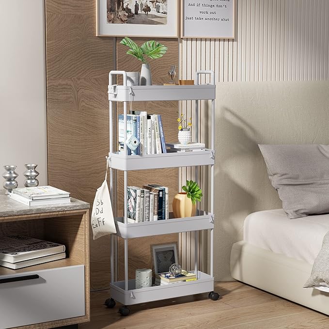 SOLEJAZZ Slim Rolling Storage Cart with Wheels 4 Tier Skinny Bathroom Storage Organizer Narrow Shelf Unit Thin Laundry Room Utility Cart for Bedside Kitchen Office Next to Fridge Small Places, Gray