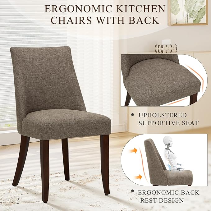 COLAMY Upholstered Dining Chairs Set of 4, Mid Century Modern Kitchen Chairs with Back, Farmhouse Fabric Side Dining Room Chairs with Wood Legs for Dining Room Restaurant, Brown