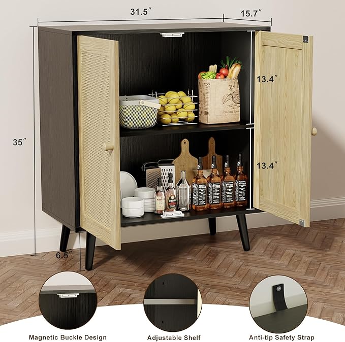 Rattan Sideboard Buffet, Accent Cabinet Cupboard Console Small Cabinet with Doors and Adjustable Shelve for Kitchen & Entryway Storage, Black