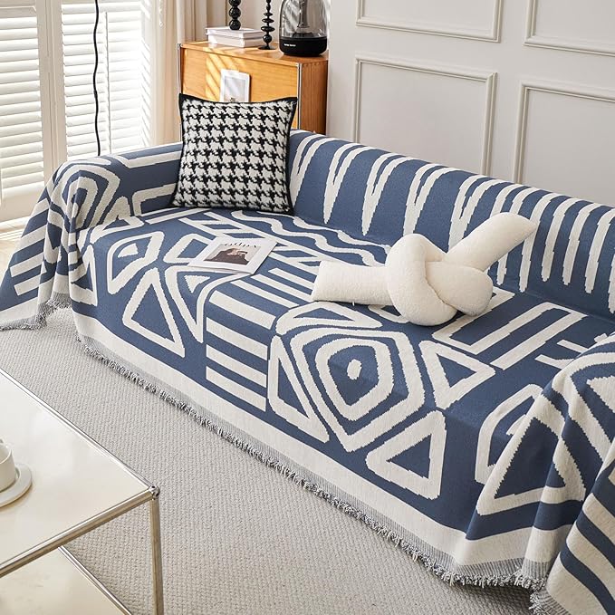 STACYPIK Jacquard Blue Geometric Sofa Cover Thick Soft Boho Couch Covers for 1 Cushion Couch Dogs Cats Furniture Protector Cover Reversible Armchair Cover for Pets Dog Cat Sofa Throw Cover-71X71IN