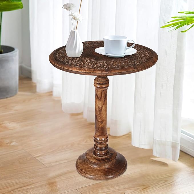 Lightnpro Hand-Carved Wooden Pillar Table - Rustic Accent Vintage Side End Table for Living Room, Entryway, Bedroom, Books, Plants, Lamps & Home Décor - Antique Burnt Finish, 18x22 Inch