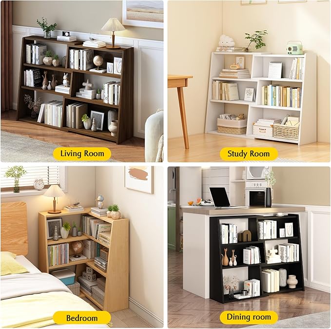 IOTXY Wooden Extendable Shelf Bookcase - 3-Tier Ladder Low Short Bookshelf for Small Space or Corner, Dark Walnut, L