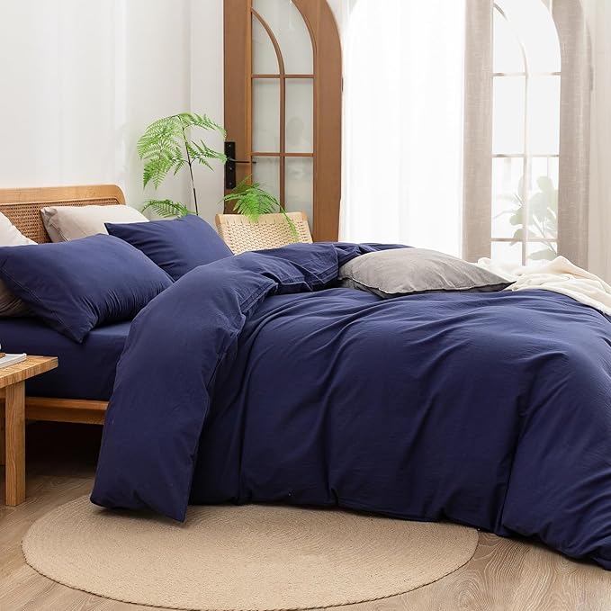 BESTOUCH Duvet Cover Set 100% Washed Cotton Linen Feel Super Soft Comfortable Chic Lightweight 3 PCs Home Bedding Set Solid Navy Blue Super Queen
