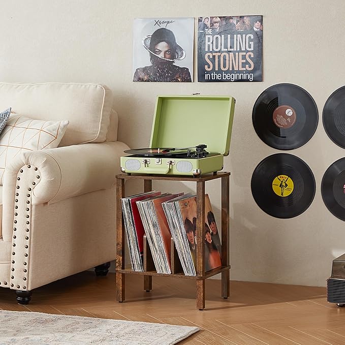 LELELINKY 2-Tier Record Player Stand with Vinyl Record Storage up to 100 Albums, Bedroom Record Holder and Multi-Functional End Table for Living Room, Brown