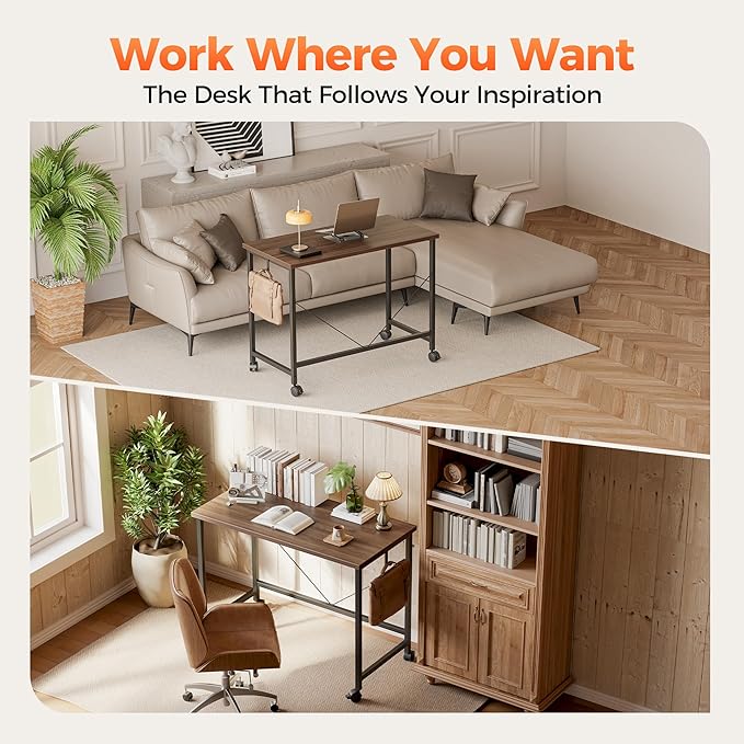 Rolling Computer Desk with Wheels, Gaming Desk for Small Spaces, Modern Simple Style Table for Home Office, Study Writing Table (Caster, Walnut, 48 inch)