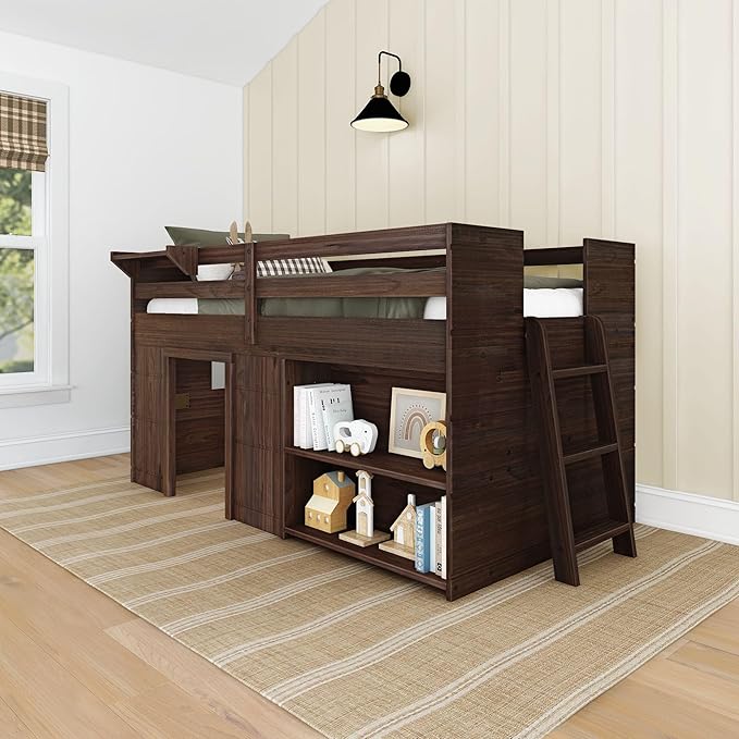 Max & Lily Modern Farmhouse Twin Low Loft Bed with Bookcase - Solid Wood, 15” Guardrails, 400-lb Capacity, Low-VOC Finish, Barnwood Brown