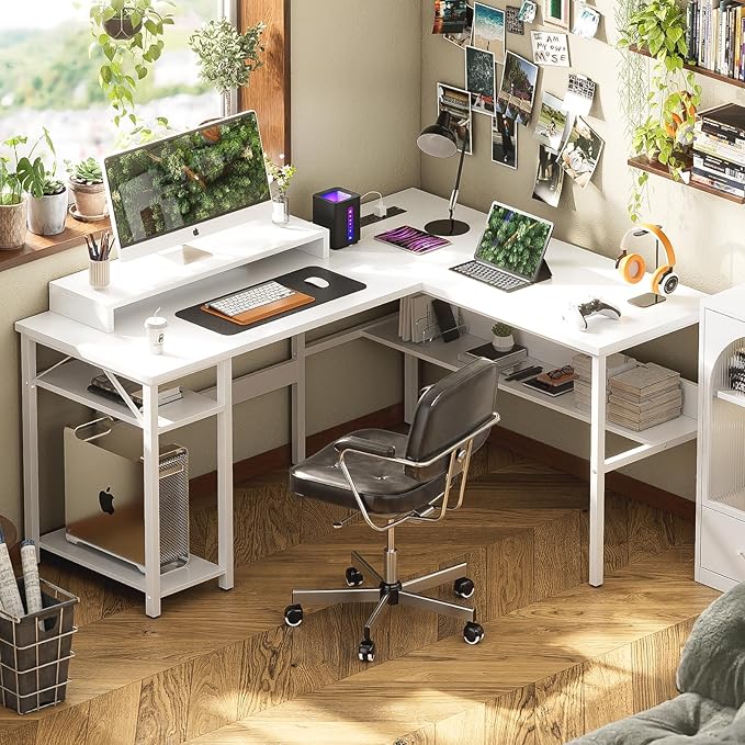 Unikito Reversible L Shaped Computer Desk with Power Outlets and Monitor Stand, Sturdy Corner Desk with RGB LED Light and Storage Shelves, Modern Work Desk for Home Office, Easy to Assemble, White