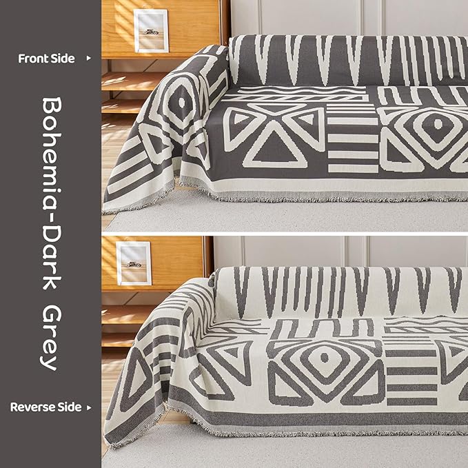 STACYPIK Boho Dark Grey Couch Cover, Soft Reversible Chenille Sofa Cover for Dog, Anti-Slip Pet Protector for 3 Cushion Couch, Washable Loveseat Couch Cover for Sectional, Decorative Blanket-71X134IN