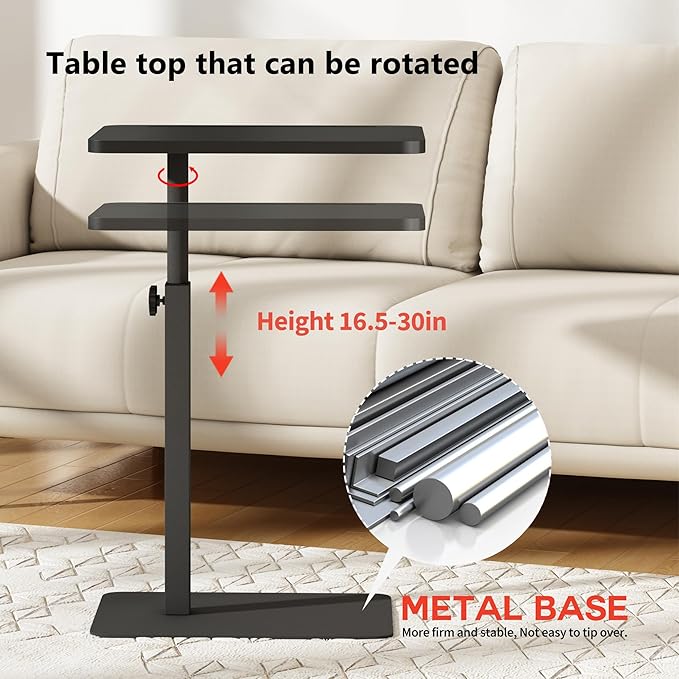 Forevich Bamboo Sofa Tray Table C Shaped Side End Table with Metal Base, Adjustable Height Swivel Snack Couch for Bed Small Spaces Living Room Black Table and Black Base