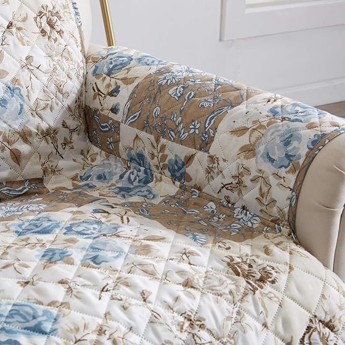Great Bay Home Reversible Floral Patchwork Furniture Protector Scalloped Edge Stain Resistant Printed Furniture Protector Maribel Collection (Loveseat, Taupe/Blue)