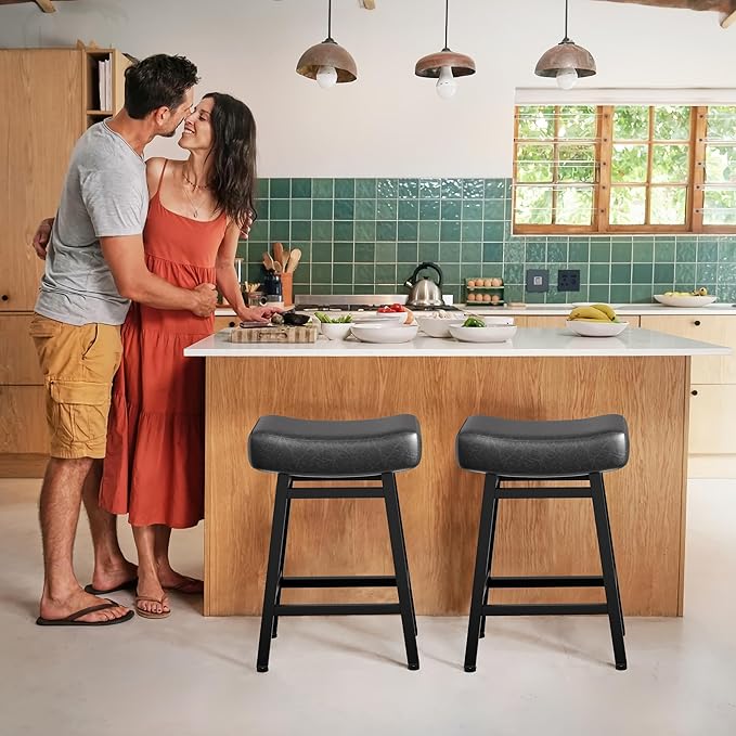 Counter Height Bar Stools Set of 6, 24 Inch Backless BarStools for Kitchen Island Leather Saddle Bar Chairs Kitchen Stools with 4" Thick Seats & Heavy Duty Metal Base, Black