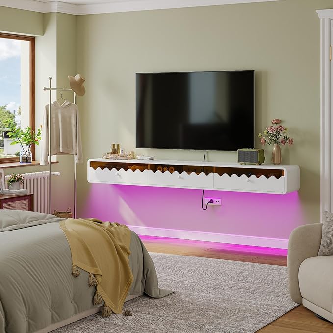 Floating TV Stand, 70IN Fully-Assembled Wall Mounted Wave Glass with Flip-Down Door & Drawers, Modern Media Entertainment Console Under TV Shelf for Livingroom