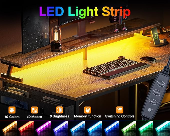ODK 48 Inch Gaming Desk with USB Charging Ports and LED Lights, Reversible L Shaped Computer Desk with Storage Shelves & Monitor Stand, Corner Home Office Desk Table with Power Outlets, Vintage