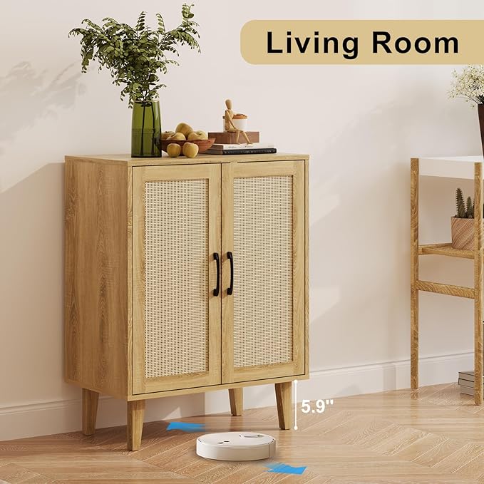 Rattan Decorated Buffet Cabinet - 2 Doors Simple Style Storage Cabinet, Shoe Cabinet with Adjustable Shelves, Sideboard for Kitchen, Living Room, Hallway, Entryway (Natural Wood)