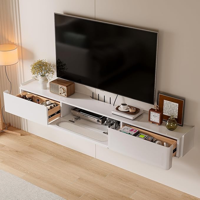 Floaticase Floating TV Stand, 70IN Fully Assembled Hign Gloss Wall Mounted TV Console with Flip-Down Door & Drawers for Livingroom, Bedroom