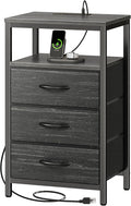 Huuger Nightstand with Charging Station, 27.6 Inch End Table Bedside Table with USB Ports and Outlets, Night Stand for Bedroom, Fabric Drawers, Charcoal Black Wood Grain Print