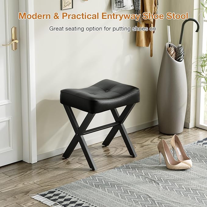 18-Inch Leather Vanity Stool Chair, Vanity Bench with Metal X-Leg, Ottoman Foot Stool with Thick Padded Saddle Seat, Black