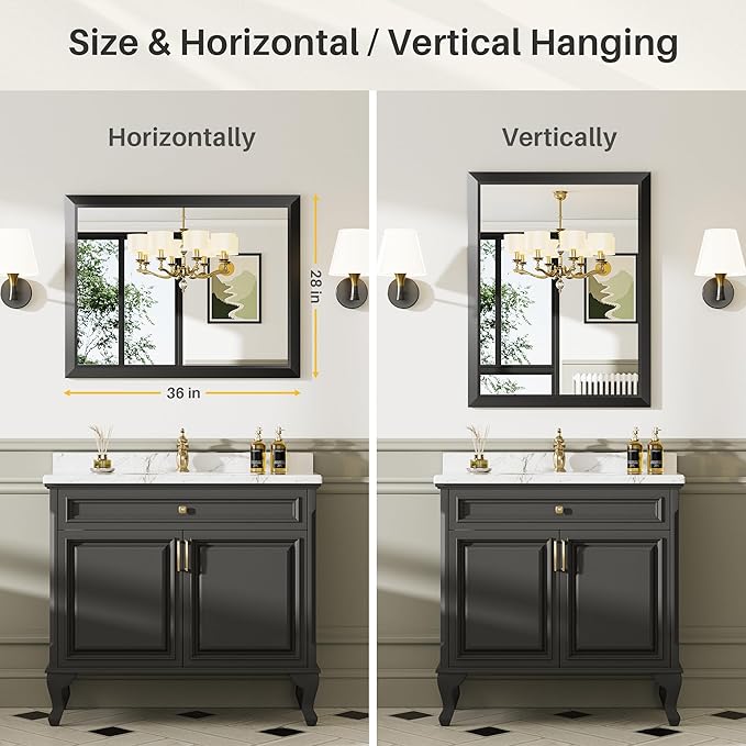 24x32 Inch Black Bathroom Mirror for Wall, Thick Metal Framed Rectangle Mirrors for Over Sink, Bedroom, Living Room, Entryway, Anti-Rust, HD Tempered Glass
