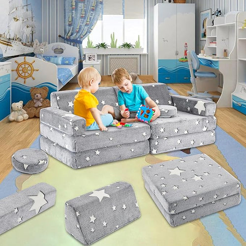 10Pcs Kids Play Couch,Toddler Sofa,Modular Kids Couch for Playing, Creativing, Sleeping (Luminous Color)