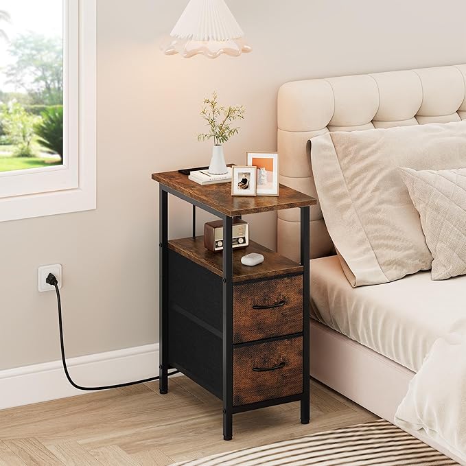 Vagusicc End Table with Charging Station, Narrow Side Table, 23.8'' Tall Nightstand with 2 Fabric Drawers, Small Sofa Side Table Narrow Nightstand for Small Spaces, Living Room, Bedroom, Rustic Brown