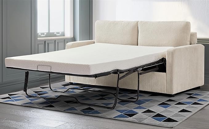 Reversible Sleeper Sofa Bed with Comfortable Memory Foam Mattress, Convertible Corduroy Full Size Pull Out Couch for Living Room, Space Saving Furniture, 70" Wide, Rectangular Arms, Ivory