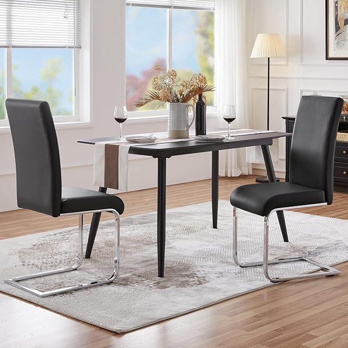 Yaheetech Dining Chairs Set of 2 Modern Faux Leather Upholstered Dining Room Chairs with High Back and Metal Chrome Legs for Kitchen/Living Room/Restaurant, Black