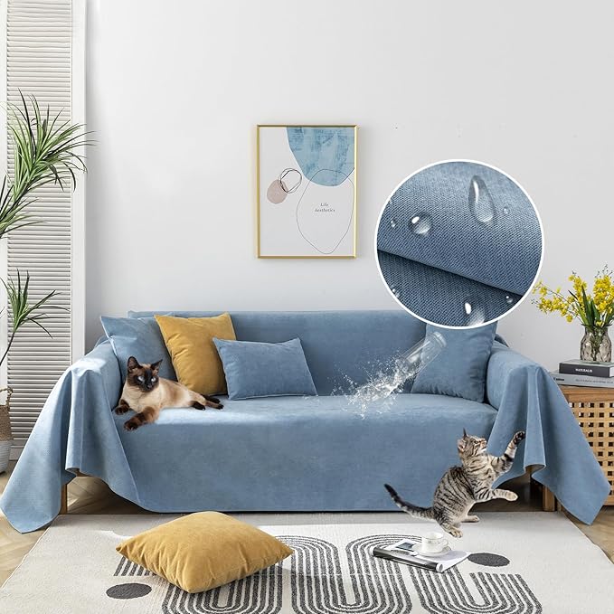 STACYPIK 100% Waterproof Blue Couch Cover for Pets, Sectional L Shape Sofa Cover for 2 Cushion Couch, Anti-Cat Scratch Furniture Protector Cover, Anti Slip Sofa Throw Cover for Dogs Kids-71x102IN