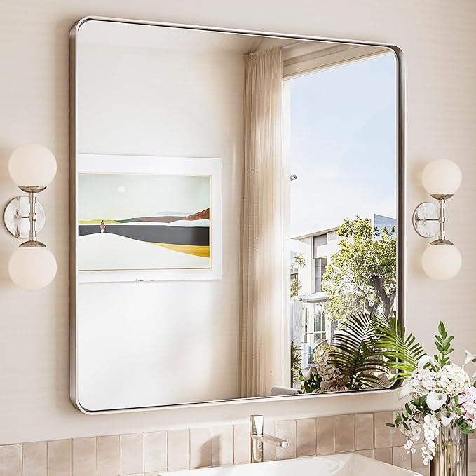 TokeShimi 36x36 Brushed Nickel Bathroom Mirror,Bathroom Vanity Mirror Square,Tempered Glass,Aluminum Framed Bath Mirror Wall(Horizontal/Vertical)