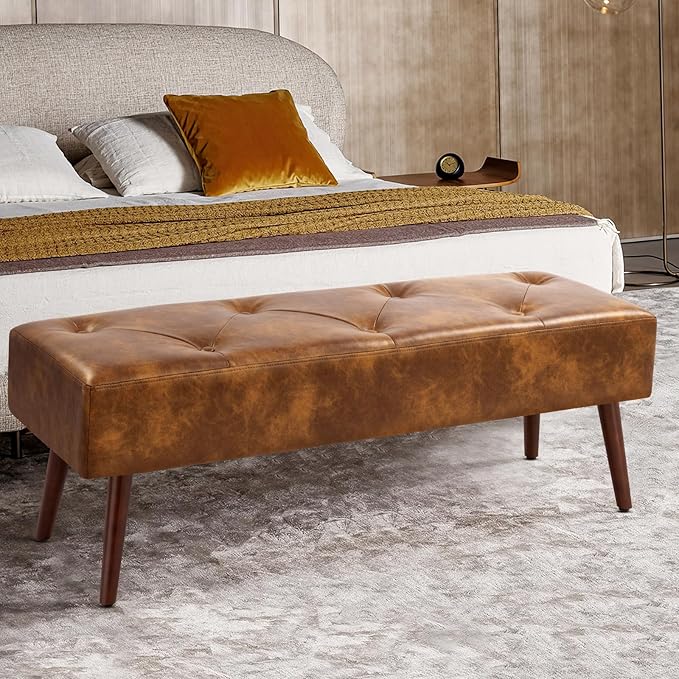 Furniliving 44 Inch Tufted Leather Bench, Leather Footrest Stool Bedroom Bench Seat, Upholstered Tufted Beathable Fabrics Ottoman Bench with X-Shaped Wood Legs for Kitchen, Solid Wood Indoor Bench
