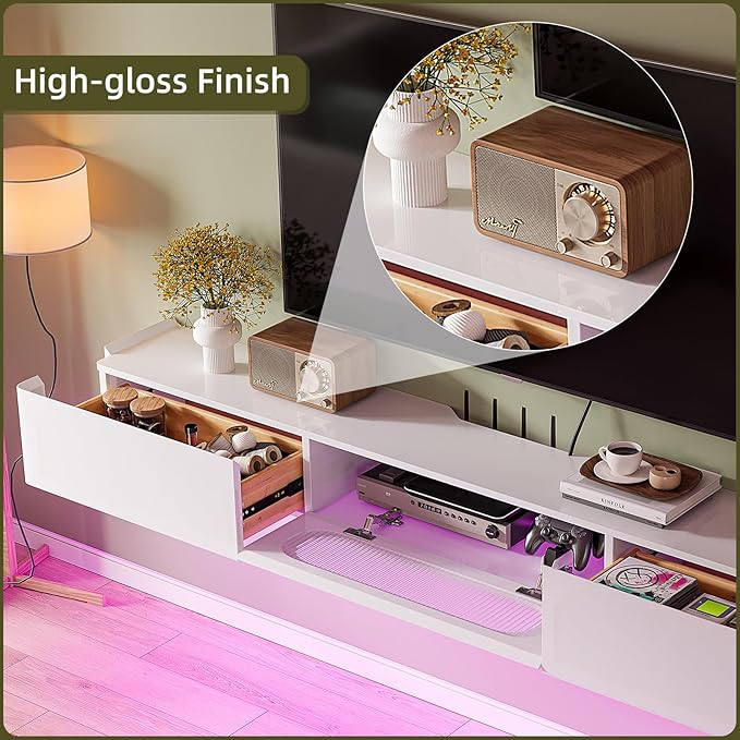 Floaticase Floating TV Stand, 70IN Fully Assembled Hign Gloss Wall Mounted TV Console with Flip-Down Door & Drawers for Livingroom, Bedroom