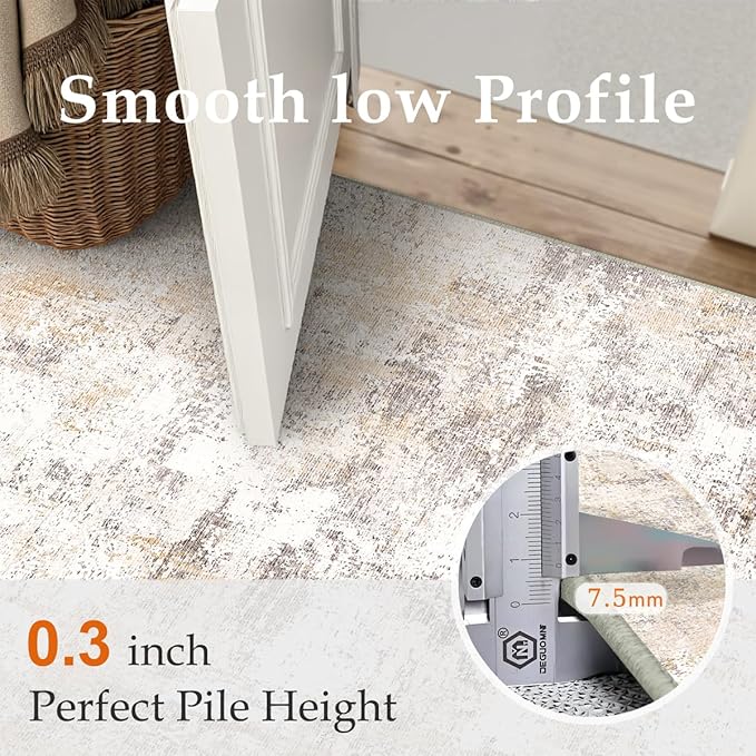 4x5 Washable Area Rug Beige Grey Neutral Abstract Entryway Kitchen Non Slip Low Pile Throw Rug Living Room Bedroom Indoor Doormat Soft Carpet for Entrance Bathroom Office