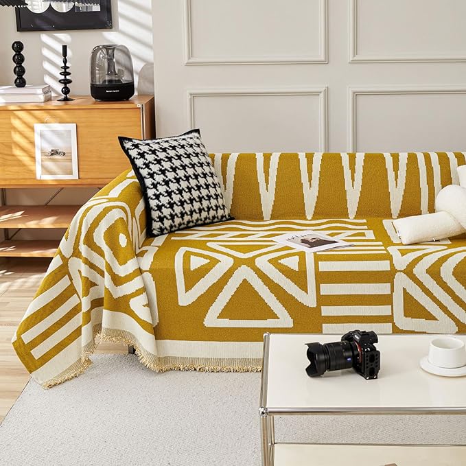 STACYPIK Thick Mustard Yellow Boho Sofa Covers Breathable Chair Couch Cover for 1 Cushion Sofa - Pet Friendly Pet Protector - Soft Chenille Jacquard - Washable - 71X71IN